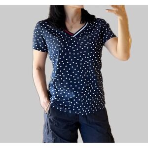 Tommy Hilfiger Womens V Neck Short Sleeve T Shirt Navy Red White L Poka dots